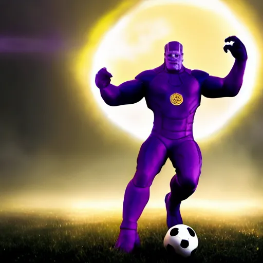 Image similar to thanos as a soccer ball, hyperrealistic, photography, cinematic lighting, award winning