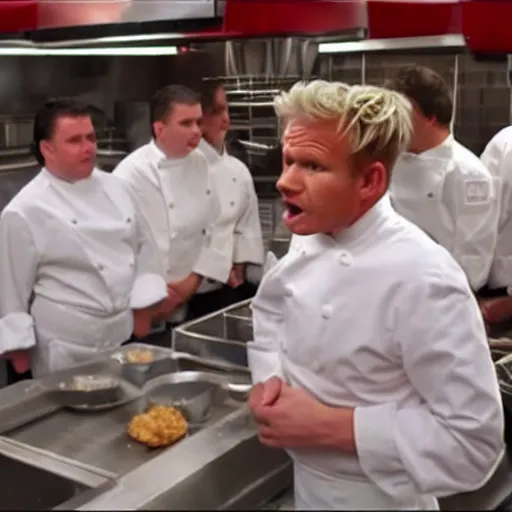 Image similar to gordon ramsay yelling at kfc employees in the kfc kitchen on kitchen nightmares. the employees are lined up and in their kfc uniforms.