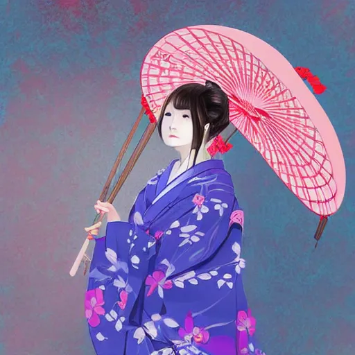 Image similar to centered portrait of beautiful Kawai Japanese girl in kimono holding an umbrella, hyperdetailed, digital painting, trending on CG society