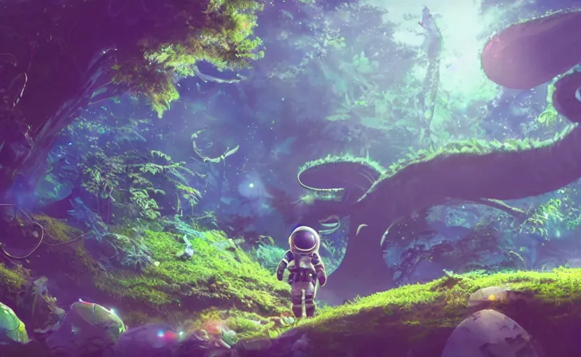 Prompt: a still of a cute adorable tiny astronaut, on a planet of lush foliage, with an enormous kaiju dragon surrounding, magical forest, sharp focus, neon backlit, highly detailed, disney pixar studio ghibli makoto shinkai, digital painting, matte, octane render, global illumination, iridescent, anime, 8 k concept art