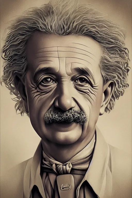 Prompt: intricate smooth color portrait of albert einstein in the style of tom bagshaw, 8 k octane beautifully detailed render