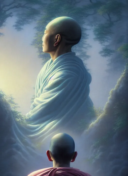 Prompt: a shinto monk meditating, in the style of tomasz alen kopera and fenghua zhong and peter mohrbacher, mystical colors, rim light, beautiful lighting, 8 k, stunning scene, raytracing, octane, trending on artstation