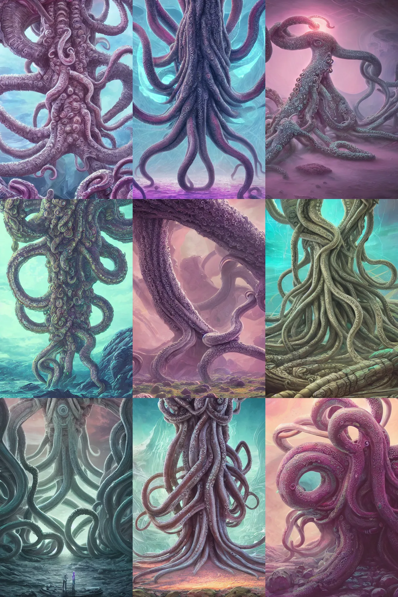 Prompt: giant ancient alien tentacles artwork, pastel colors, detailed background, extremely detailed, octane rendering, sharp focus
