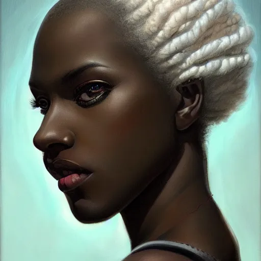 Image similar to a detailed matte oil on canvas head on symmetrical portrait of black skinned woman with! long white hair! and ( ( ( pale greenish ) ) hair, clothed by charlie bowater, lise deharme, wlop, trending on artstationhd, dungeons and dragons art critical role