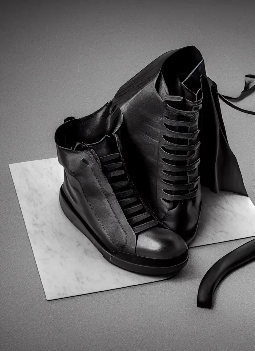 Image similar to hyperrealistic and heavy detailed product photo rick owens shoe of batman, in front of white back drop, whole shoe is in picture, leica sl 2 5 0 mm, vivid color, high quality, high textured, real life