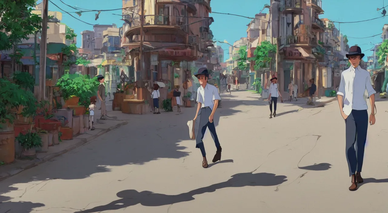 Image similar to a young man wearing a canotier cuban hat, crisp white linen shirt and slacks, leather boots, walking in a havanese stree in 1 9 0 0, genndy tartakovsky, atey ghailan, goro fujita, studio ghibli, rim light, mid morning lighting, clear focus, very coherent