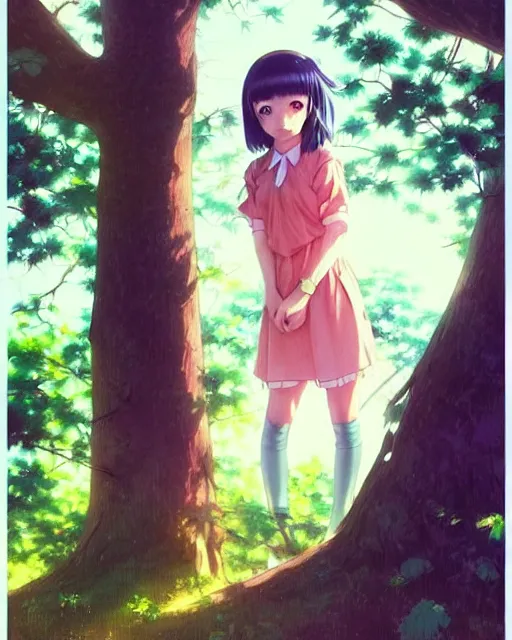 Image similar to very cute loli looking behind from a tree cabine | very very anime!!!, fine - face, audrey plaza, realistic shaded perfect face, fine details. anime. very strong realistic shaded lighting poster by ilya kuvshinov katsuhiro otomo ghost, magali villeneuve, artgerm, jeremy lipkin and michael garmash and rob rey
