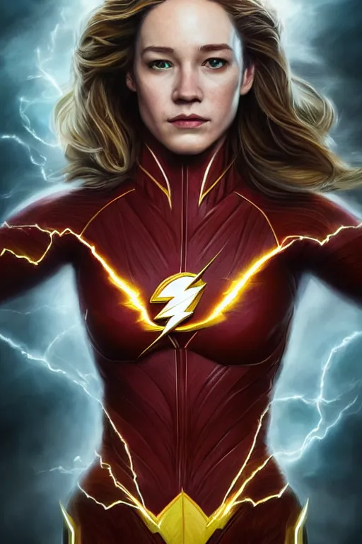 Image similar to Majestic and regal portrait of a female The Flash, DC universe, Perfect face, beautiful, intricate, epic, elegant, menacing, fantasy, highly detailed, digital painting, hard focus, beautiful volumetric lighting, epic light, ultra detailed, by Leesha Hannigan, Ross Tran, Thierry Doizon, Kai Carpenter, Ignacio Fernández Ríos