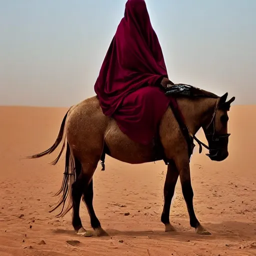 Prompt: beautiful burqa's woman, ride horse in saharan, sharp eyes, handling riffle on chest, shooting pose, perfect posture, dust, cinematic, dynamic pose, pinterest