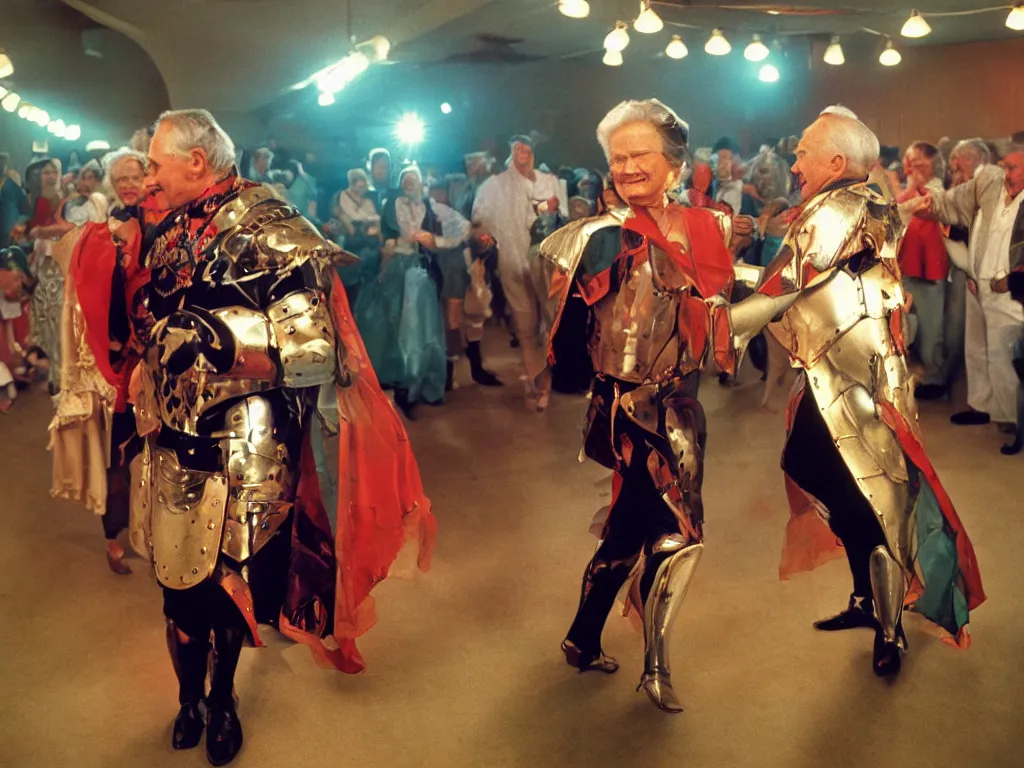 Image similar to a couple of grandparents of 1 0 0 years old wearing knight iron costume and dancing, kodachrome, backlight, add a glow around subj. edge, in twin peaks, 1 9 9 0 s