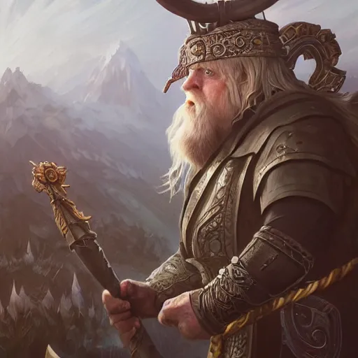 Prompt: boris johnson as odin, intricate, elegant, highly detailed, digital painting, artstation, concept art, matte, illustration, hearthstone, art by artgerm and greg rutkowski and alphonse mucha, simon stalenhag, hyperreal