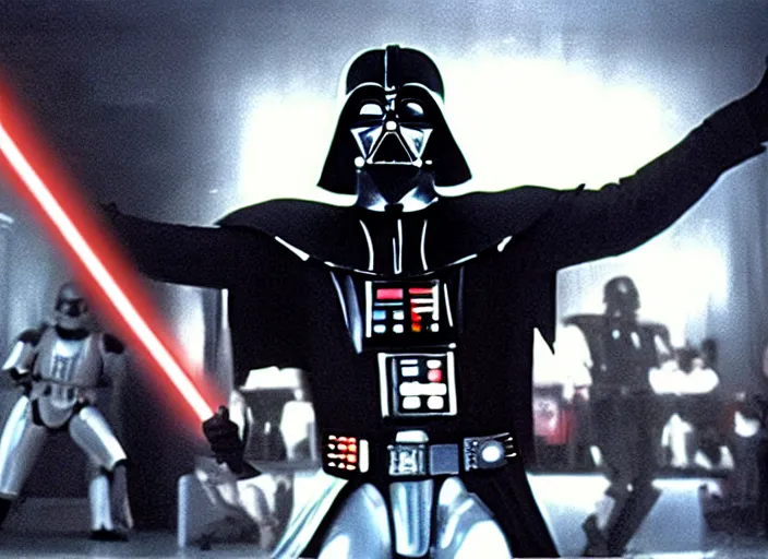 Image similar to film still of Darth Vader dancing as Tony Manero in Staying Alive 1983,