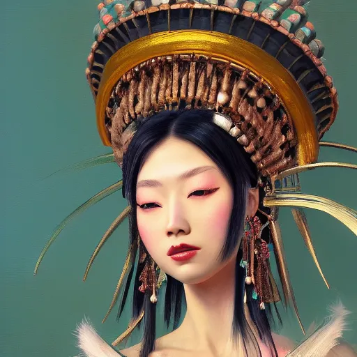 Prompt: beautiful japanese oil panting of a lady in headdress, rendered by octane, depth of field, ultra detailed, rococo, zen concept, trending on artstation, 8k