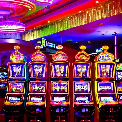 Prompt: inside a casino, fruit machines, chandeliers, lights and colors, realistic