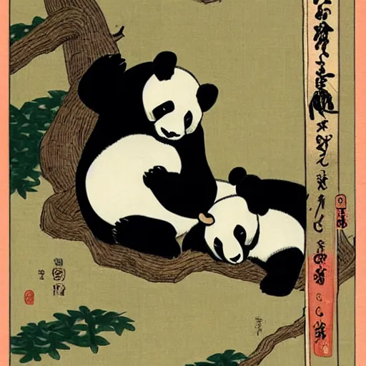 Image similar to a panda and bear, shunga style, ukiyo - e art, artstation