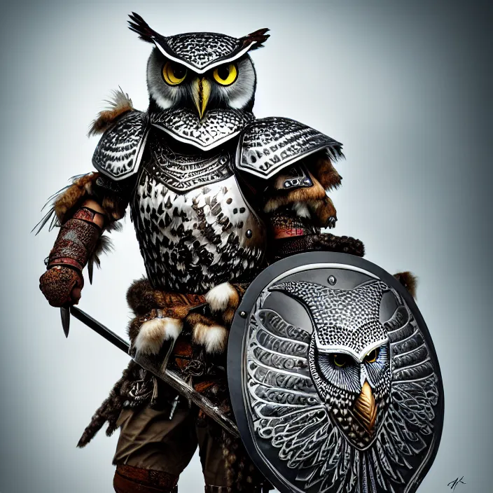 Image similar to full length photo of a warrior with owl themed armour, highly detailed, 4 k, hdr, smooth, sharp focus, high resolution, award - winning photo