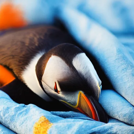 Image similar to puffin sleeping in an oversized bed, sunset