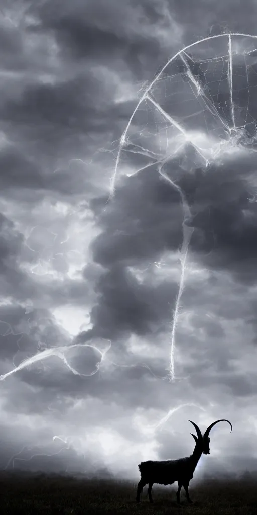 Image similar to a goat with a cobweb between his horns, sky realistic stormcloud with glimpses of flares