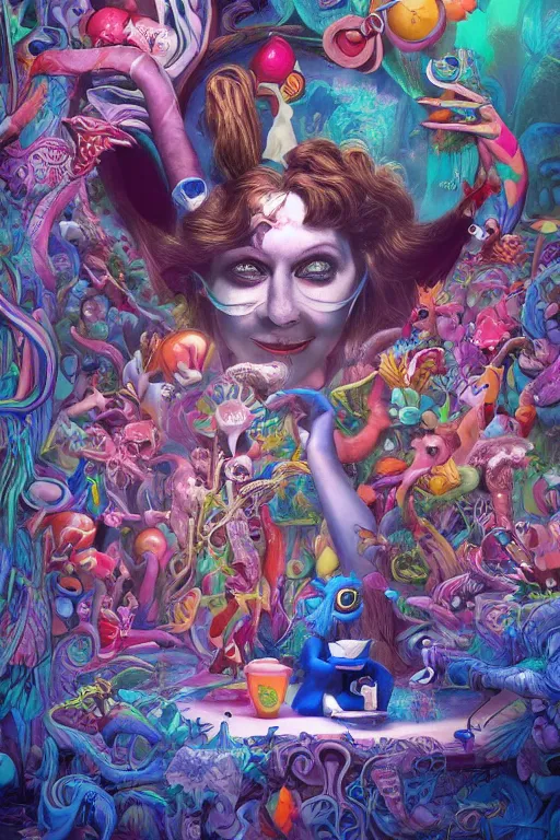 Image similar to Surrealist psychedelic award winning and iconic alice in wonderland book cover trending on artstation, artstationHD, artstationHQ, 4k, 8k