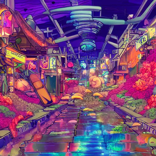 Image similar to anime background of an undersea slums shopping district built from various sea shells and corals, seaweed, light prisms, light diffraction, steampunk, cyberpunk, cool colors, caustics, anime, vhs distortion