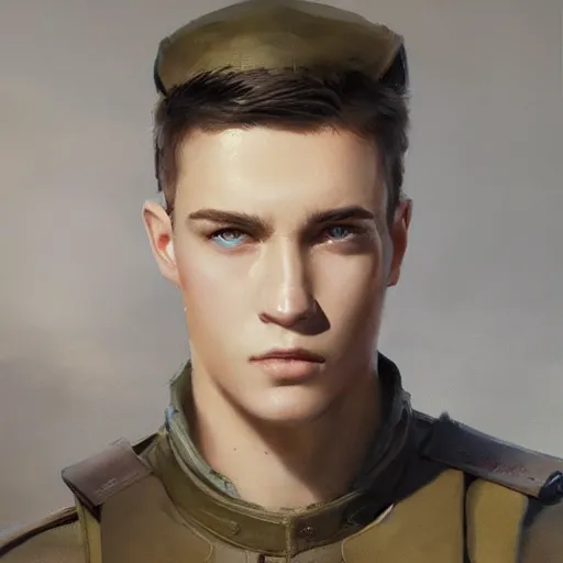 Prompt: Closeup painting of a young man with short brown hair and blue eyes, wearing a military outfit, by Greg Rutkowski