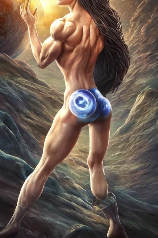 Image similar to a beautiful muscular woman carrying a giant planet Earth on her back, long hair, beautiful, hyperrealistic, concept art, octane render, unreal engine 5, trending on Artstation, high quality, 8K, soft lighting, trending on DeviantArt, highly detailed, high quality, digital art, anatomically correct, five fingers, desert in the background, path traced, complementary colors, natural lighting, epic image