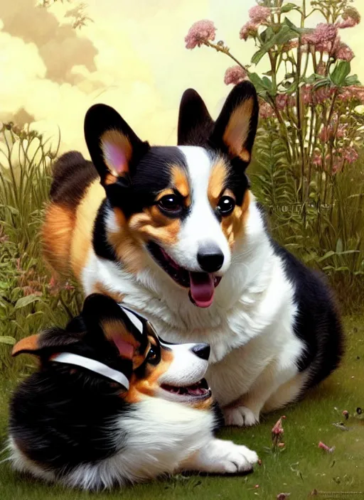 Image similar to a corgi and a tuxedo cat cuddling, shiny, fantasy, intricate, elegant, hyper detailed, ultra definition, photoreal, artstation, unreal engine rendered, concept art, smooth, sharp focus, illustration, art by artgerm and greg rutkowski and alphonse mucha and garis edelweiss