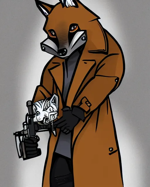 Image similar to a fox wearing a black trench - coat holding a diamond studded mini - gun, comic art style, digital art,