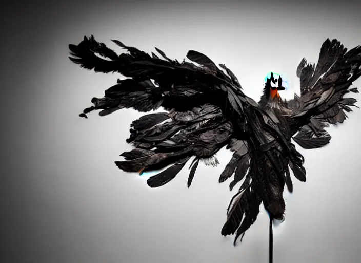 Image similar to pieces of a ripped flag!!!, chicken feathers and saw dust molten and restructured into a beautiful!!!, abstract!!!!!!! sculpture of an eagle, museum display, black backdrop, high contrast, award winning photo, dslr, high quality