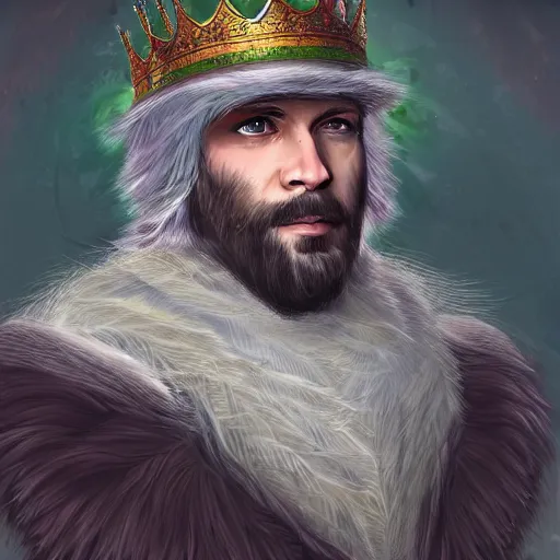 Prompt: A portrait of a king with a trimmed beard, dual wielding swords, wearing green dragon scale armor and a cheetah pelt cloak, fantasy, artstation