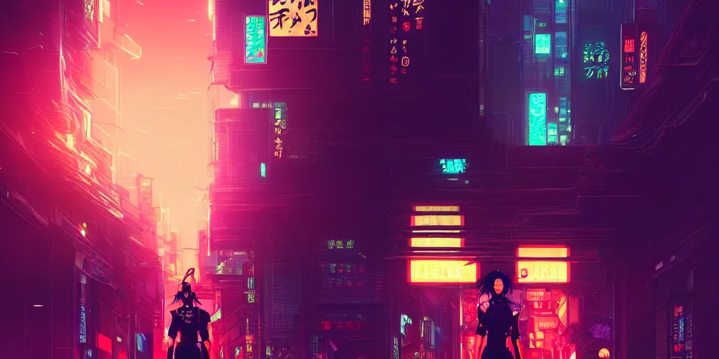 Image similar to digital illustration closeup of cyberpunk samurai in city street at night by makoto shinkai, ilya kuvshinov, lois van baarle, rossdraws, basquiat | afrofuturism, in the style of hearthstone, trending on artstation | cool color scheme