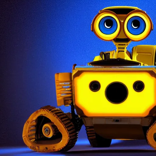 Image similar to photo of wall - e, blue and yellow glowing lights, dark, highly detailed