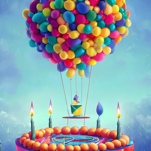 Image similar to a giant floating cake suspended to plenty of floating birthday balloons. digital art, highly - detailed, sharp focus, artstation cgsociety masterpiece