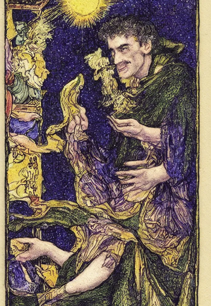 Image similar to Yoshua Bengio smiling on the Rider–Waite tarot. Illustration by preraphaelists.