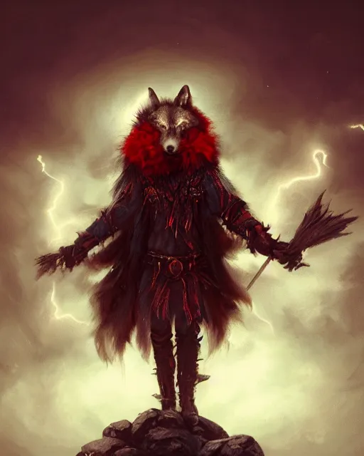 Prompt: oil painting of Anthropomorphized Wolf Shaman holding magic staff, evil grin, wearing red fur cloak, sharp focus, lightning storm background, magical aura, heroic pose, fantasy style, octane render, volumetric lighting, 8k high definition, by greg rutkowski, highly detailed, trending on art Station, magic the gathering artwork, Lightning storm background, centered, dramatic artwork