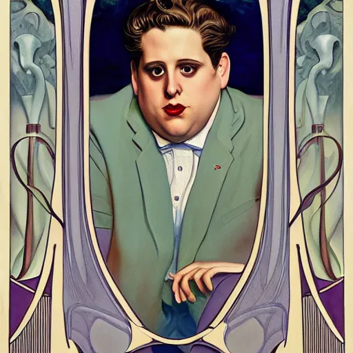 Image similar to an art nouveau streamline moderne portrait of jonah hill in the style of donato giancola and charles dulac and anna dittmann.