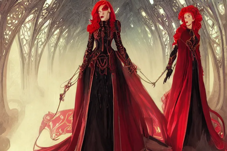 Image similar to female archmage, academy headmaster, long red hair, black and red ornate!!! dress,, d & d, castle hallway background highly detailed, digital painting, artstation, concept art, sharp focus, illustration, cinematic lighting, art by artgerm and greg rutkowski and alphonse mucha