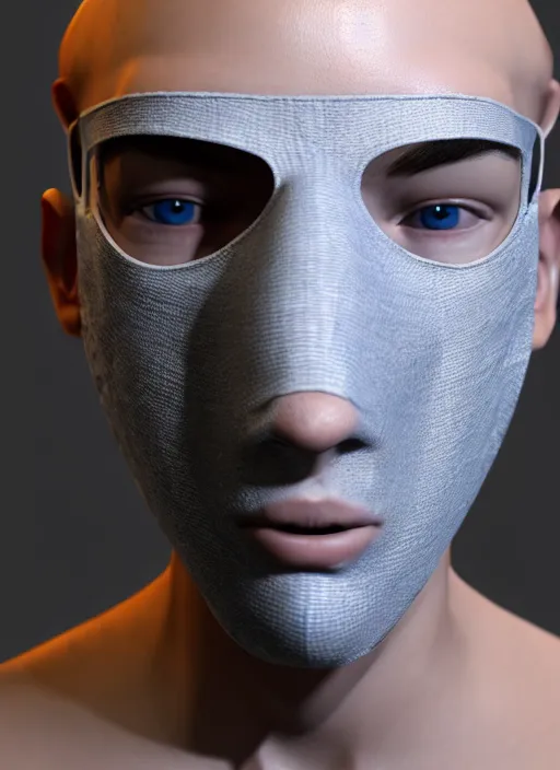 Image similar to 3 d model of a european young man covering face with fabric mask, ultrarealistic, octane rendered, unreal engine 5, ray tracing, subsurface scattering, studio lighting, trending on artstation, extremely detailed