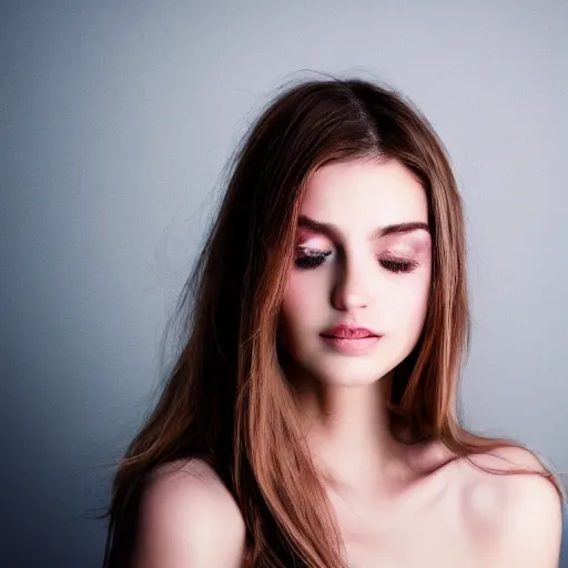 Prompt: Close-up portrait photo of a pretty girl with light brown hair , Low-key lighting, dramatic ,faded colors, pastel colors, Low-key light, flash studio, volumetric light, in the style of Lindsay Adler ,dark background, high quality,photo-realistic, 8K,-H 704