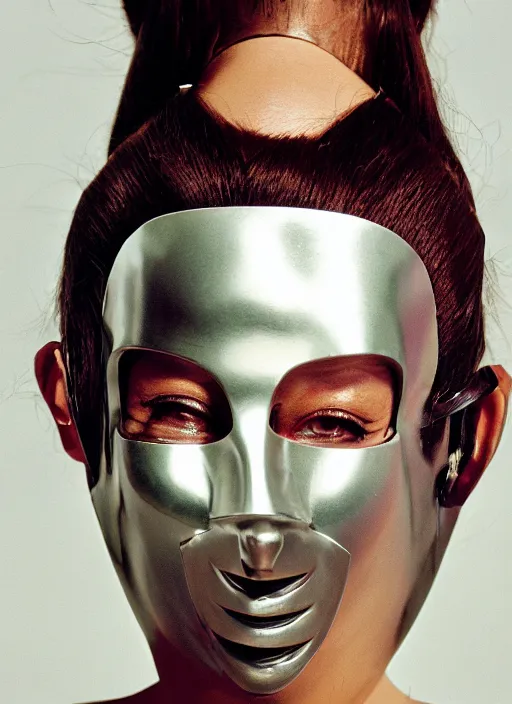 Prompt: a fashion portrait photograph of a woman wearing a metal mask designed by balenciaga, 3 5 mm, color film camera,