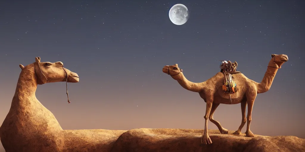 Prompt: camel made of opal, against the backdrop of the desert at night,beatiful opal sculpture sculpture, the light of the moon, octane render, high detail, painting, artstation, 8k, HDR