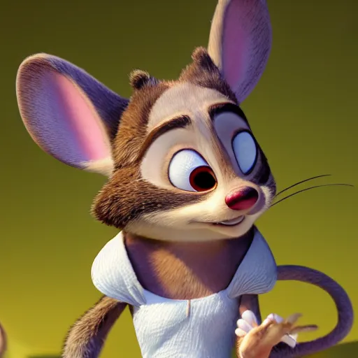 Image similar to 3 d render, portrait, headshot, closeup, anthropomorphic mouse, female, in a maxi white dress, in the style of zootopia, closeup