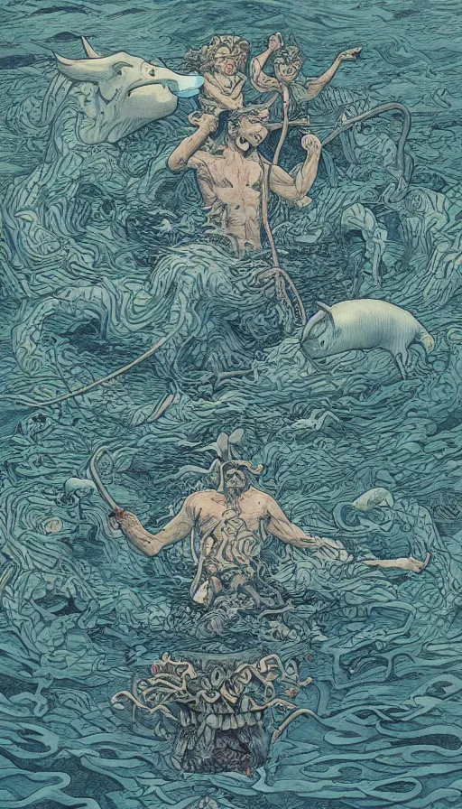 Image similar to man on boat crossing a body of water in hell with creatures in the water, sea of souls, by james jean