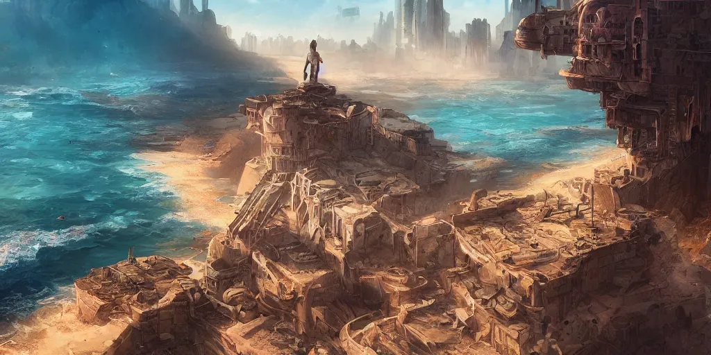 Prompt: a photo of a place where the desert meets the ocean, incredible vista of an advanced city next to a ruined city, a sole survivor looks into the camera, no man's sky, tarot card, mystical, concept art, art station, style of Jordan Grimmer, Gilles Beloeil