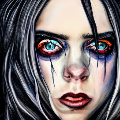 Image similar to Billie Eilish scary painting very detailed 4K