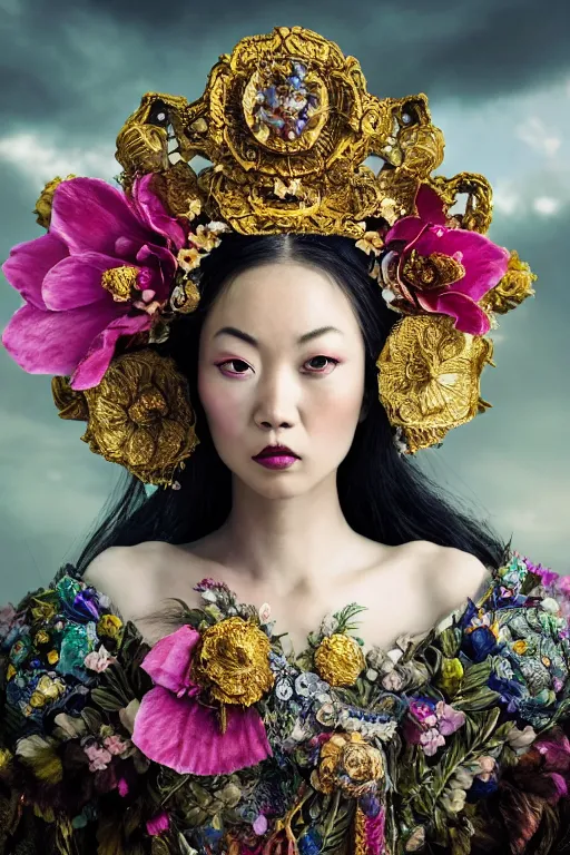 Image similar to a beautiful empress portrait, with a brilliant, impossible striking big flower headpiece, clothes entirely made out of flowers, garden backdrop, symmetrical, dramatic studio lighting, rococo, baroque, jewels, asian, hyperrealism, closeup, D&D, fantasy, intricate, elegant, highly detailed, digital painting, artstation, octane render, 8k, concept art, matte, sharp focus, illustration, art by Artgerm and Greg Rutkowski and Alphonse Mucha