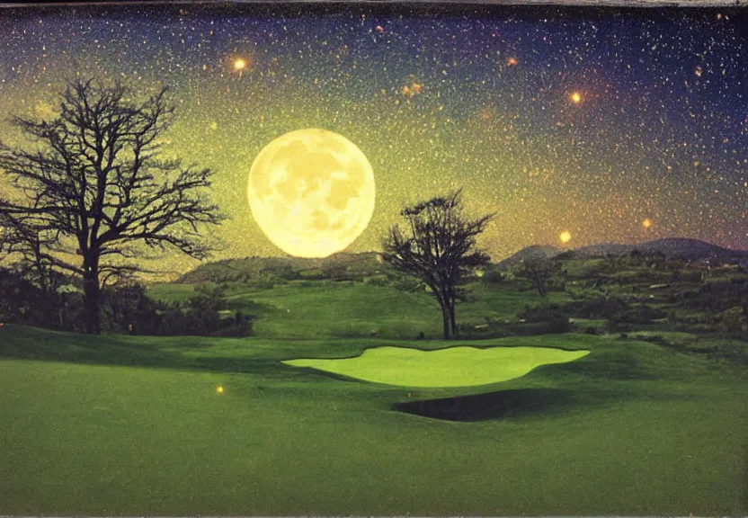 Image similar to eerie moonlight, stone walls, birds eye view of a perfect elysian dreamlike green hilly pastoral astral psychedelic golf course landscape with stone walls under cosmic stars, cherished trees, memory trapped in eternal time, golden hour, dark sky, evening starlight, haunted vintage psychedelic painted polaroid by hiroshi yoshida