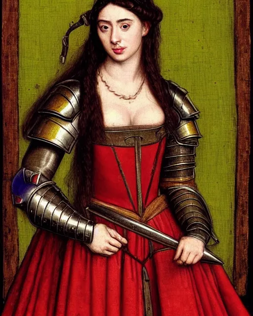 Prompt: medieval portrait of beautiful ana de armas dressed as an armored battle knight, in the style of eugene de blaas