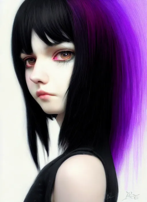 Image similar to hair blackbangs hair, white hair, blackbangswhitehair, portrait of teenage girl with black bangs, red irises, purple clothes, black bangs, bangs are white hair is black, intricate, elegant, glowing lights, highly detailed, digital painting, artstation, concept art, sharp focus, illustration, art by wlop, mars ravelo and greg rutkowski