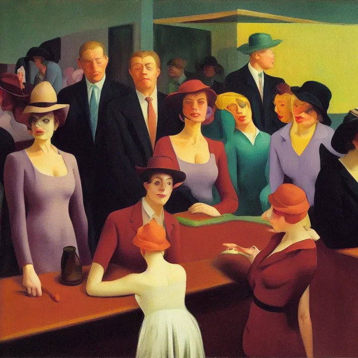 Prompt: group of people pictured in afternoon light, mostly women, close - up of the faces, anatomically and proportionally correct : : surrealist oil painting by edward hopper, malcolm liepke, francis bacon and rene magritte, detailed